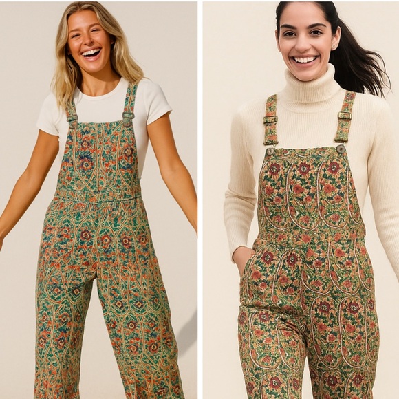 FBC Studio Pants - NWT Organic Cotton Floral Boho Jumpsuit – All Natural Wide-Leg Overalls Size L
